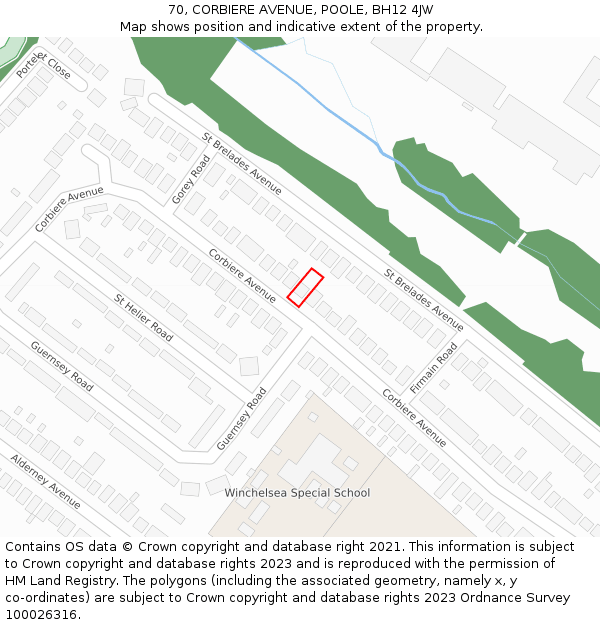 70, CORBIERE AVENUE, POOLE, BH12 4JW: Location map and indicative extent of plot