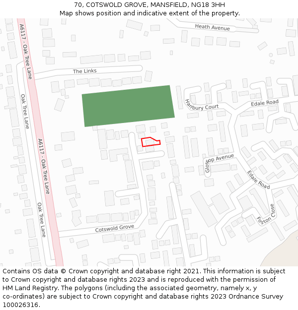 70, COTSWOLD GROVE, MANSFIELD, NG18 3HH: Location map and indicative extent of plot