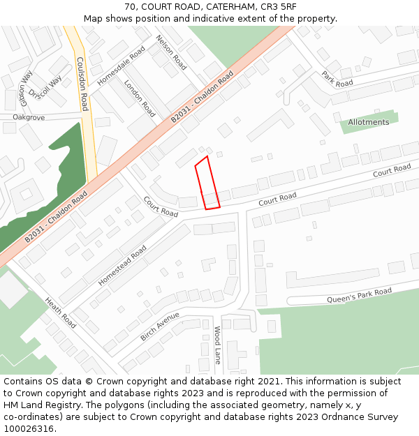 70, COURT ROAD, CATERHAM, CR3 5RF: Location map and indicative extent of plot