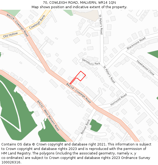 70, COWLEIGH ROAD, MALVERN, WR14 1QN: Location map and indicative extent of plot