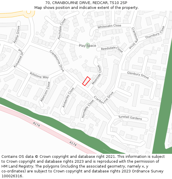 70, CRANBOURNE DRIVE, REDCAR, TS10 2SP: Location map and indicative extent of plot