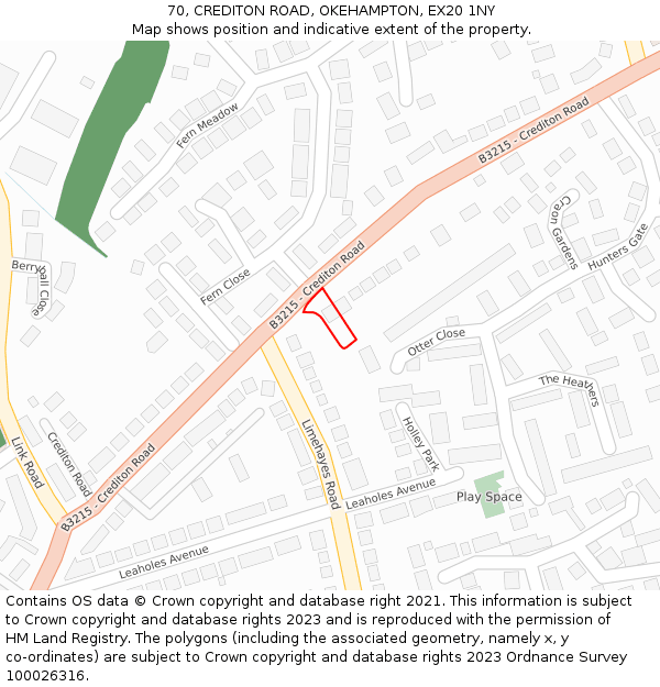 70, CREDITON ROAD, OKEHAMPTON, EX20 1NY: Location map and indicative extent of plot