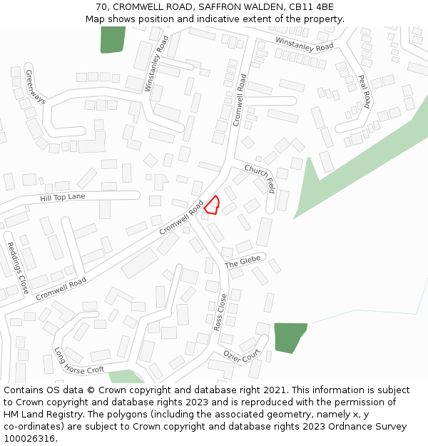 70, CROMWELL ROAD, SAFFRON WALDEN, CB11 4BE: Location map and indicative extent of plot