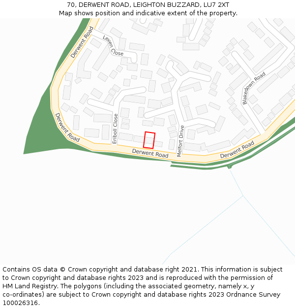 70, DERWENT ROAD, LEIGHTON BUZZARD, LU7 2XT: Location map and indicative extent of plot