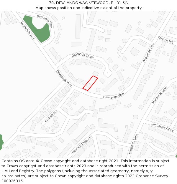 70, DEWLANDS WAY, VERWOOD, BH31 6JN: Location map and indicative extent of plot