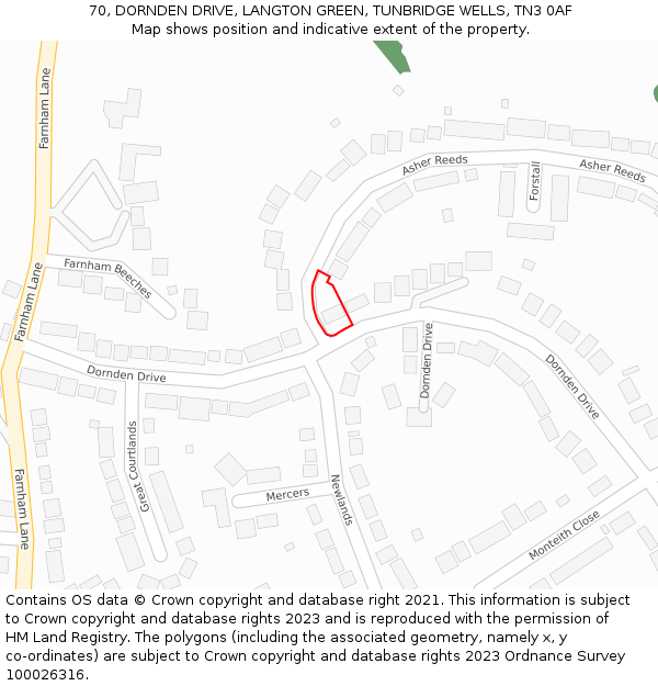 70, DORNDEN DRIVE, LANGTON GREEN, TUNBRIDGE WELLS, TN3 0AF: Location map and indicative extent of plot