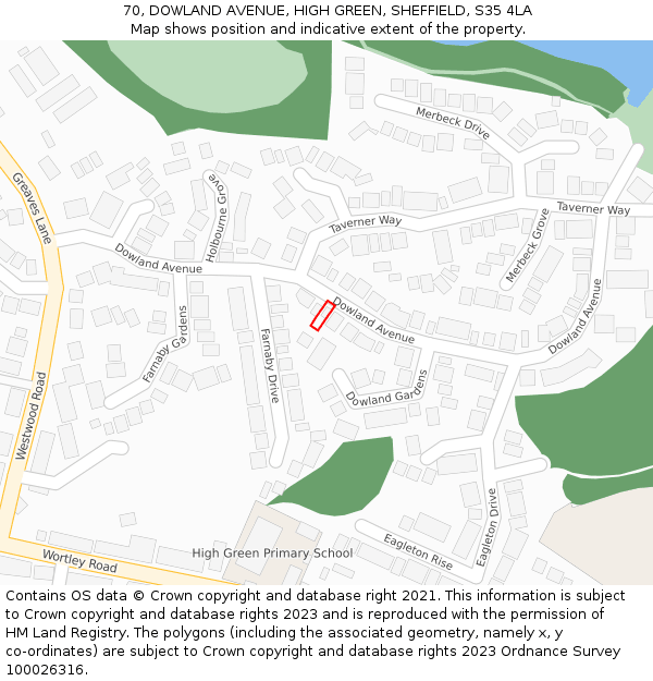 70, DOWLAND AVENUE, HIGH GREEN, SHEFFIELD, S35 4LA: Location map and indicative extent of plot