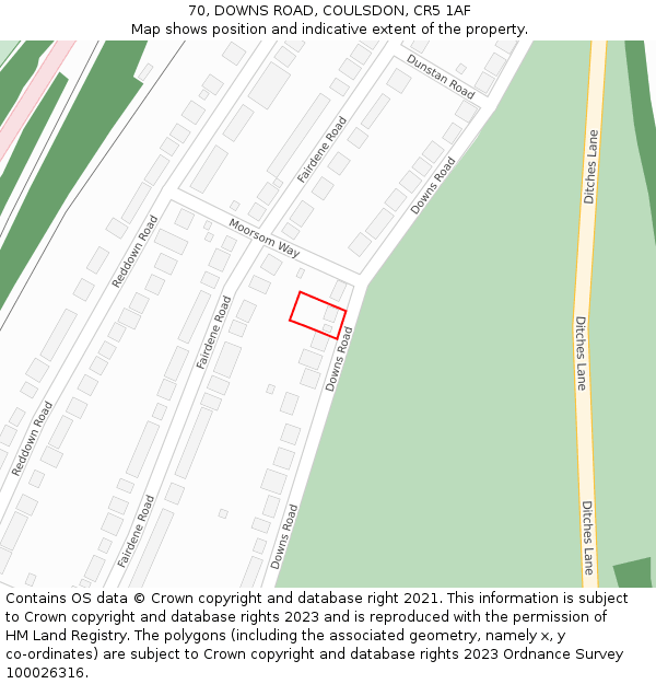 70, DOWNS ROAD, COULSDON, CR5 1AF: Location map and indicative extent of plot