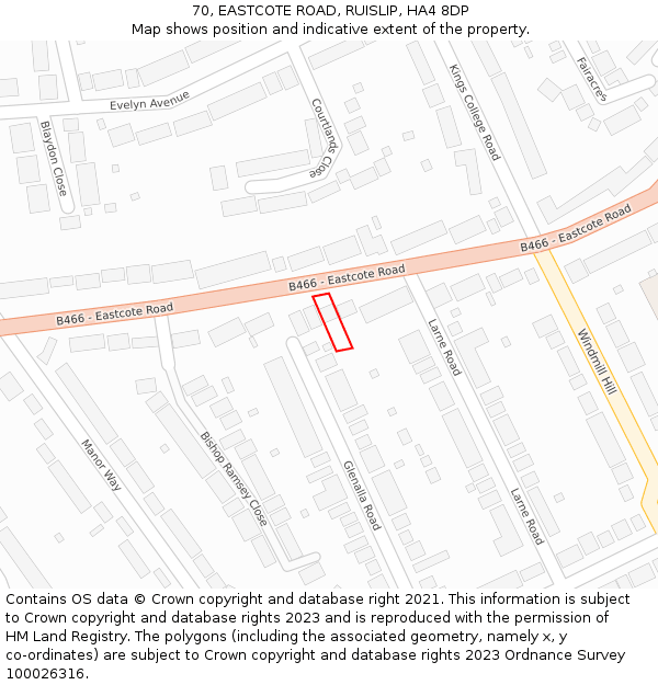 70, EASTCOTE ROAD, RUISLIP, HA4 8DP: Location map and indicative extent of plot