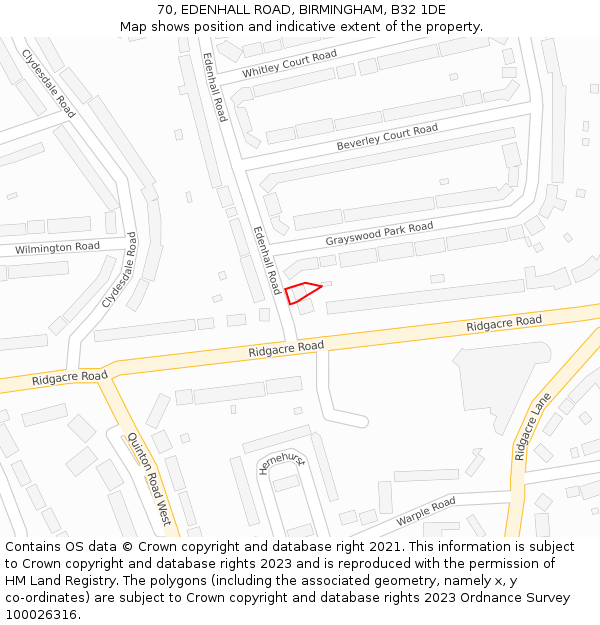 70, EDENHALL ROAD, BIRMINGHAM, B32 1DE: Location map and indicative extent of plot