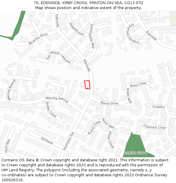 70, EDENSIDE, KIRBY CROSS, FRINTON-ON-SEA, CO13 0TQ: Location map and indicative extent of plot