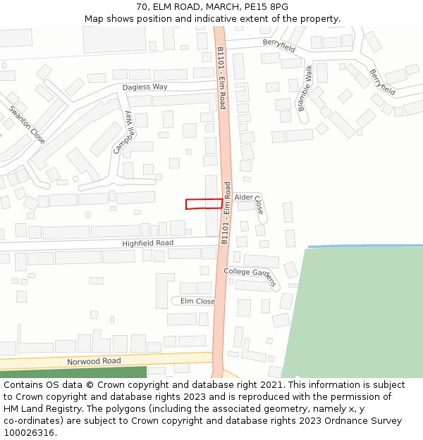 70, ELM ROAD, MARCH, PE15 8PG: Location map and indicative extent of plot