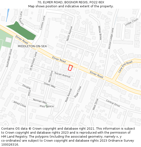 70, ELMER ROAD, BOGNOR REGIS, PO22 6EX: Location map and indicative extent of plot