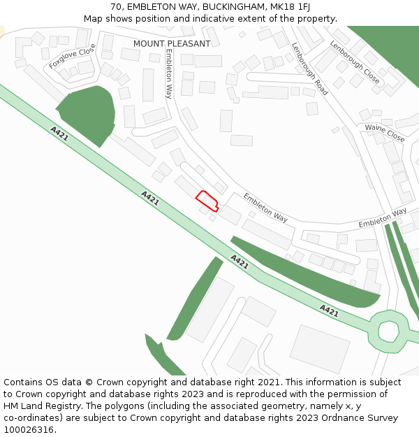 70, EMBLETON WAY, BUCKINGHAM, MK18 1FJ: Location map and indicative extent of plot