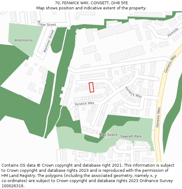 70, FENWICK WAY, CONSETT, DH8 5FE: Location map and indicative extent of plot