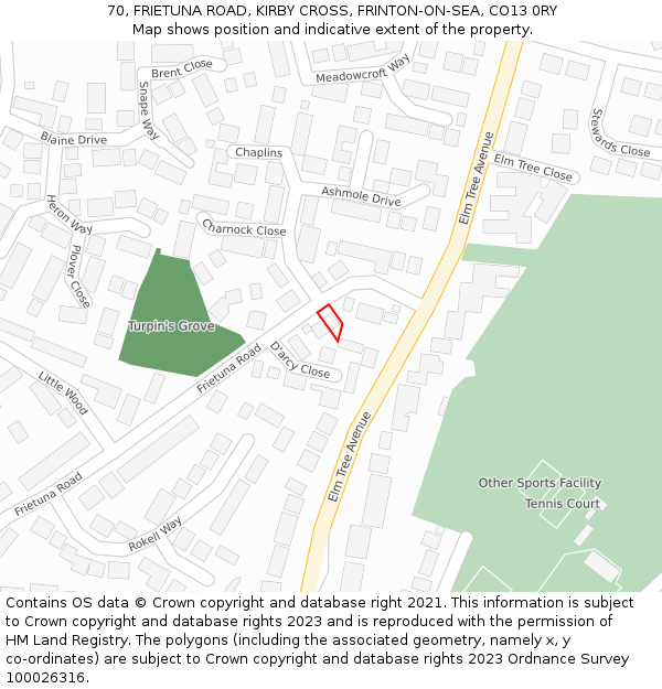 70, FRIETUNA ROAD, KIRBY CROSS, FRINTON-ON-SEA, CO13 0RY: Location map and indicative extent of plot