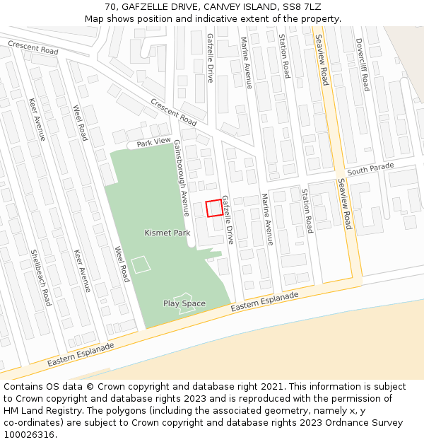 70, GAFZELLE DRIVE, CANVEY ISLAND, SS8 7LZ: Location map and indicative extent of plot