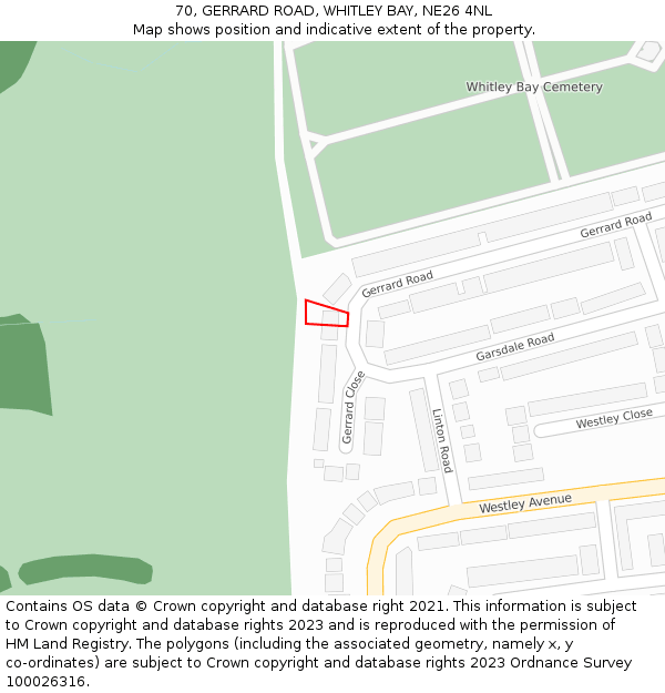 70, GERRARD ROAD, WHITLEY BAY, NE26 4NL: Location map and indicative extent of plot
