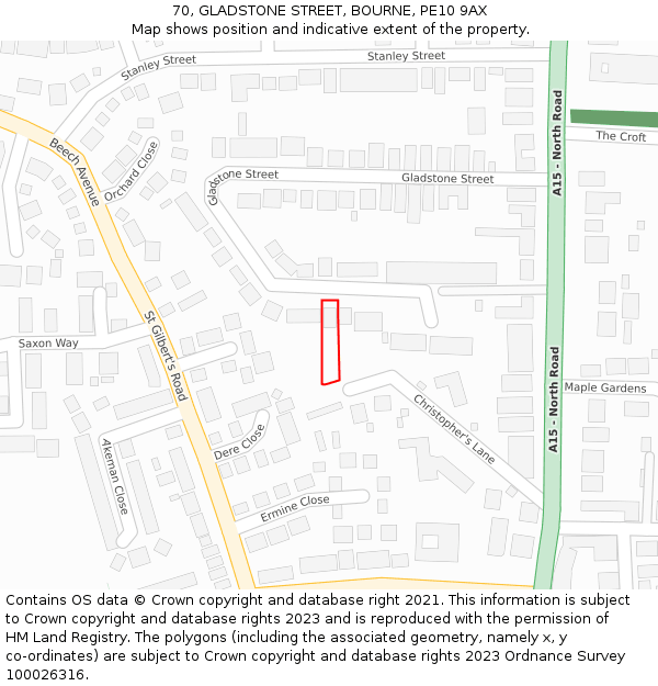 70, GLADSTONE STREET, BOURNE, PE10 9AX: Location map and indicative extent of plot