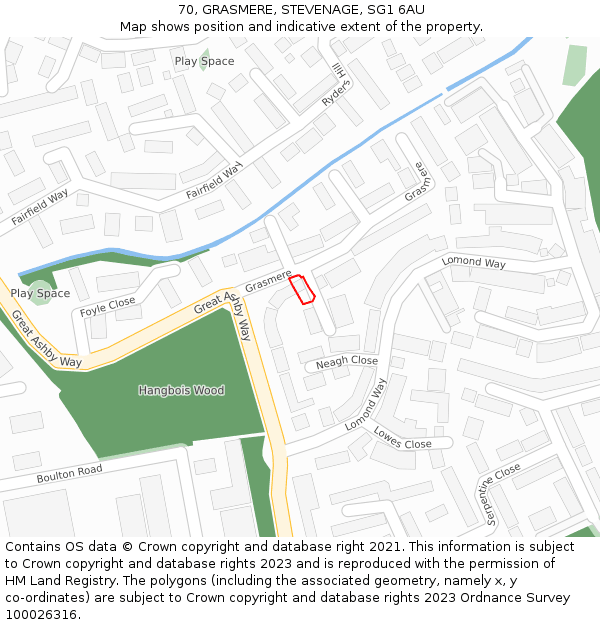 70, GRASMERE, STEVENAGE, SG1 6AU: Location map and indicative extent of plot