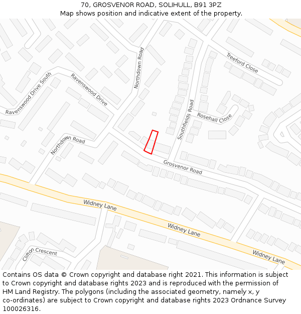 70, GROSVENOR ROAD, SOLIHULL, B91 3PZ: Location map and indicative extent of plot