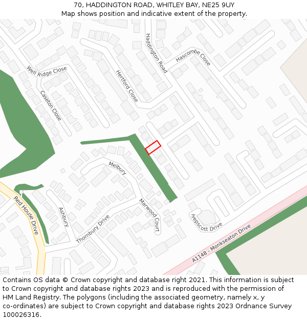 70, HADDINGTON ROAD, WHITLEY BAY, NE25 9UY: Location map and indicative extent of plot