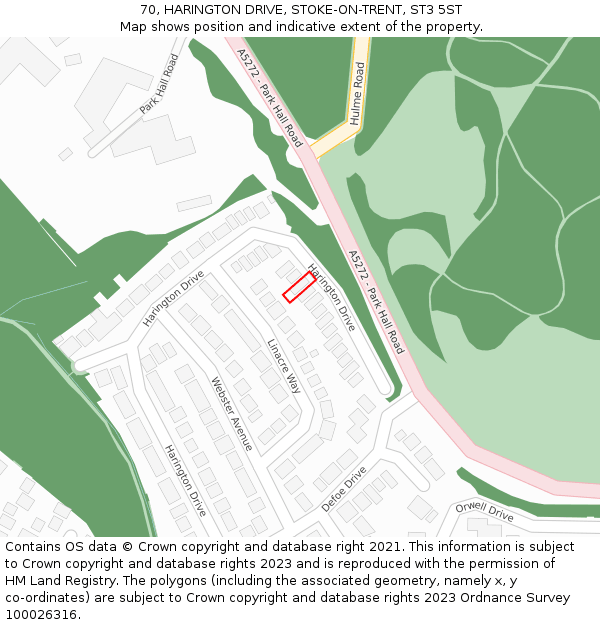70, HARINGTON DRIVE, STOKE-ON-TRENT, ST3 5ST: Location map and indicative extent of plot