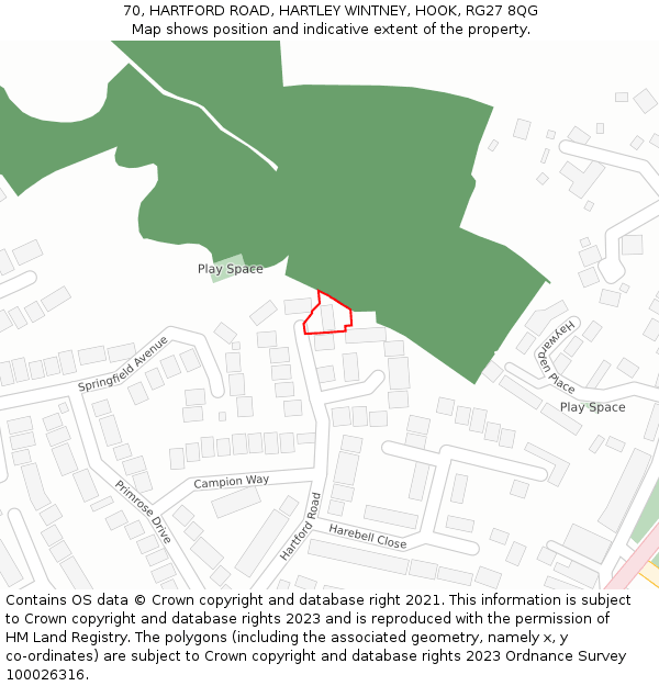 70, HARTFORD ROAD, HARTLEY WINTNEY, HOOK, RG27 8QG: Location map and indicative extent of plot