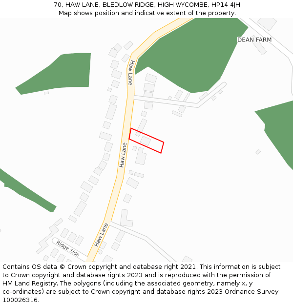 70, HAW LANE, BLEDLOW RIDGE, HIGH WYCOMBE, HP14 4JH: Location map and indicative extent of plot
