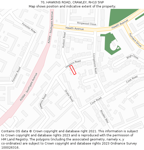 70, HAWKINS ROAD, CRAWLEY, RH10 5NP: Location map and indicative extent of plot