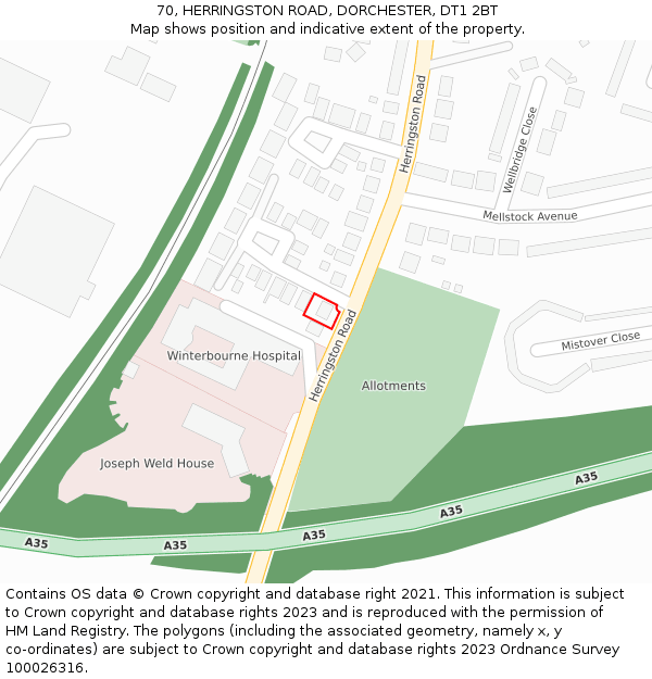 70, HERRINGSTON ROAD, DORCHESTER, DT1 2BT: Location map and indicative extent of plot
