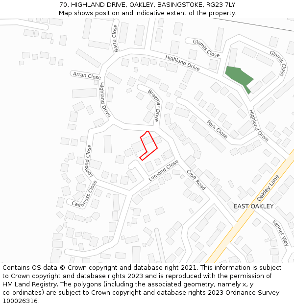 70, HIGHLAND DRIVE, OAKLEY, BASINGSTOKE, RG23 7LY: Location map and indicative extent of plot