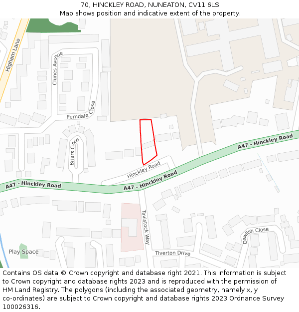 70, HINCKLEY ROAD, NUNEATON, CV11 6LS: Location map and indicative extent of plot