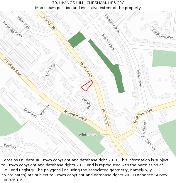 70, HIVINGS HILL, CHESHAM, HP5 2PG: Location map and indicative extent of plot