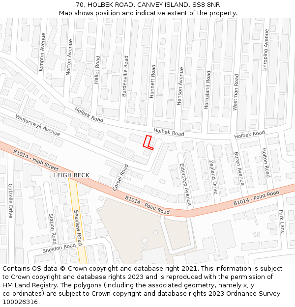 70, HOLBEK ROAD, CANVEY ISLAND, SS8 8NR: Location map and indicative extent of plot