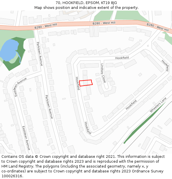 70, HOOKFIELD, EPSOM, KT19 8JG: Location map and indicative extent of plot