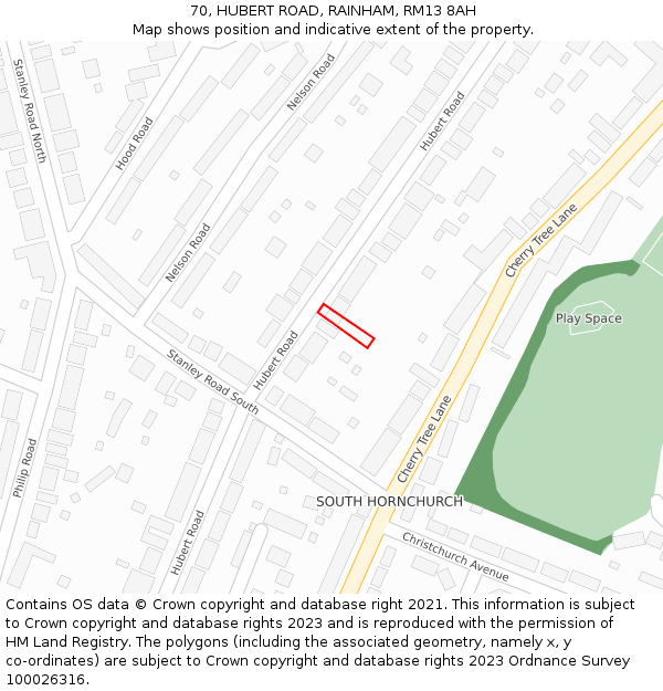 70, HUBERT ROAD, RAINHAM, RM13 8AH: Location map and indicative extent of plot