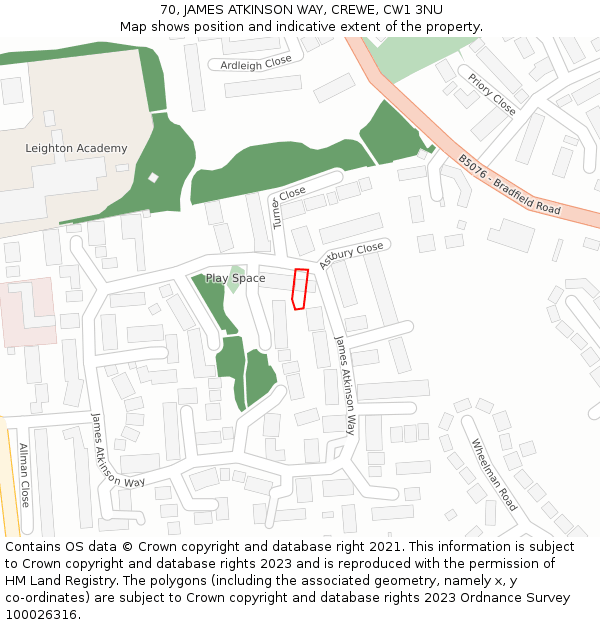 70, JAMES ATKINSON WAY, CREWE, CW1 3NU: Location map and indicative extent of plot