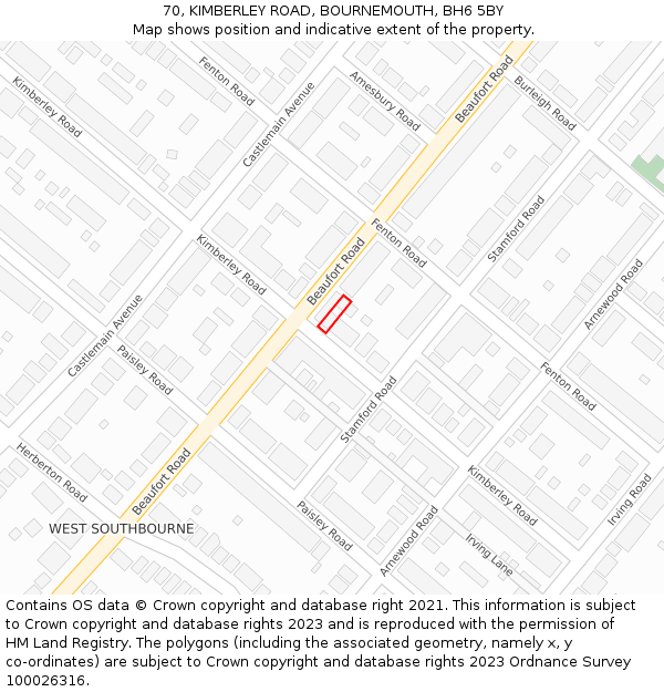 70, KIMBERLEY ROAD, BOURNEMOUTH, BH6 5BY: Location map and indicative extent of plot