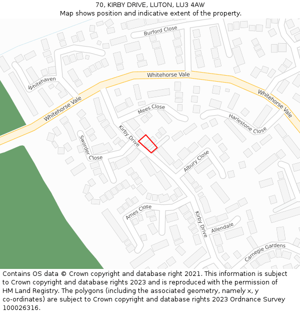 70, KIRBY DRIVE, LUTON, LU3 4AW: Location map and indicative extent of plot