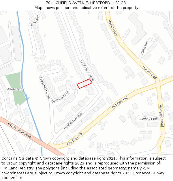 70, LICHFIELD AVENUE, HEREFORD, HR1 2RL: Location map and indicative extent of plot