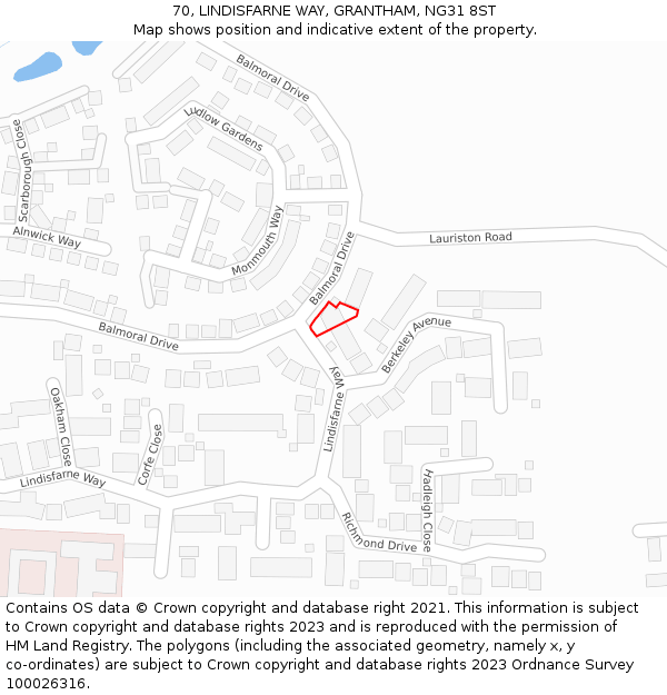 70, LINDISFARNE WAY, GRANTHAM, NG31 8ST: Location map and indicative extent of plot