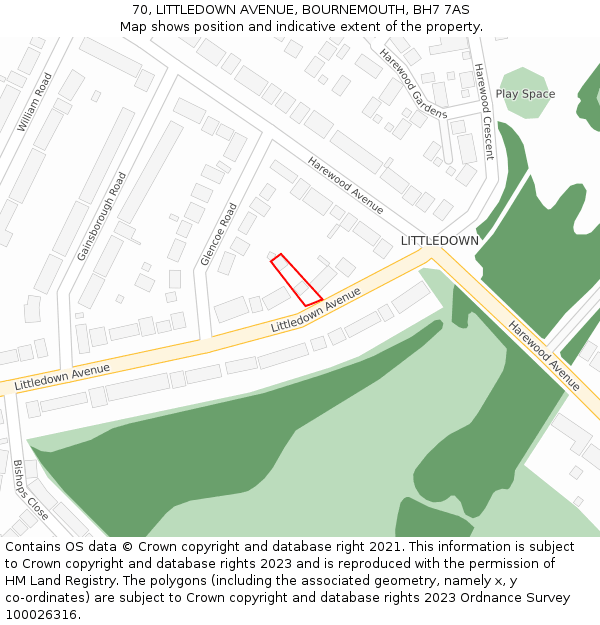 70, LITTLEDOWN AVENUE, BOURNEMOUTH, BH7 7AS: Location map and indicative extent of plot