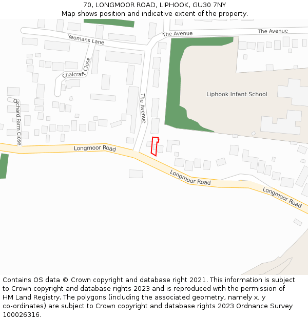 70, LONGMOOR ROAD, LIPHOOK, GU30 7NY: Location map and indicative extent of plot