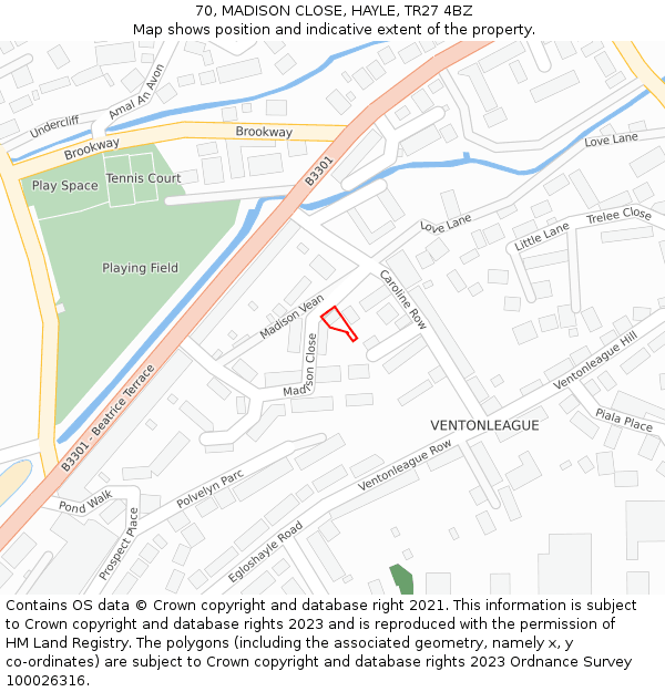 70, MADISON CLOSE, HAYLE, TR27 4BZ: Location map and indicative extent of plot