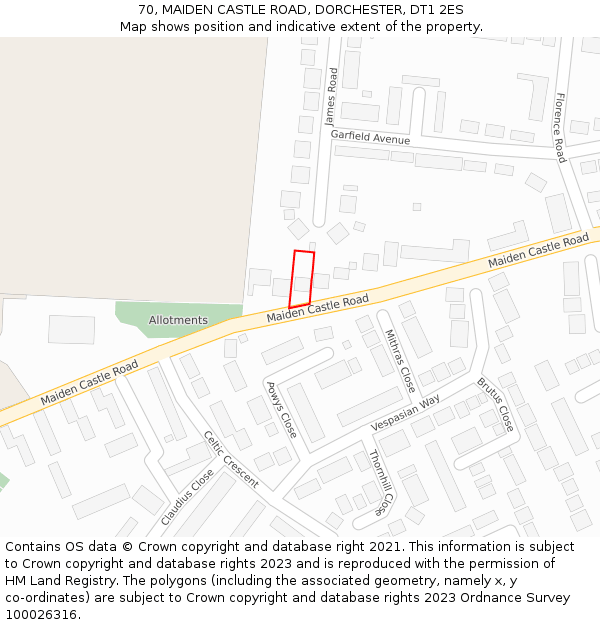 70, MAIDEN CASTLE ROAD, DORCHESTER, DT1 2ES: Location map and indicative extent of plot