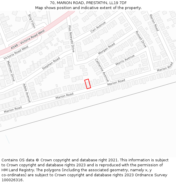 70, MARION ROAD, PRESTATYN, LL19 7DF: Location map and indicative extent of plot