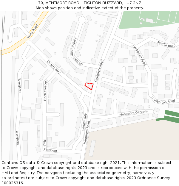 70, MENTMORE ROAD, LEIGHTON BUZZARD, LU7 2NZ: Location map and indicative extent of plot