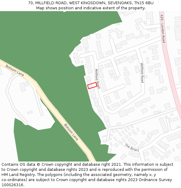 70, MILLFIELD ROAD, WEST KINGSDOWN, SEVENOAKS, TN15 6BU: Location map and indicative extent of plot