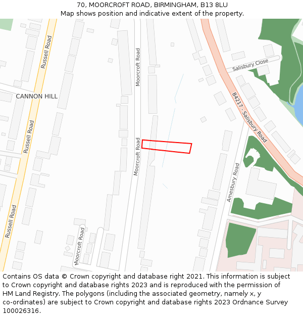 70, MOORCROFT ROAD, BIRMINGHAM, B13 8LU: Location map and indicative extent of plot
